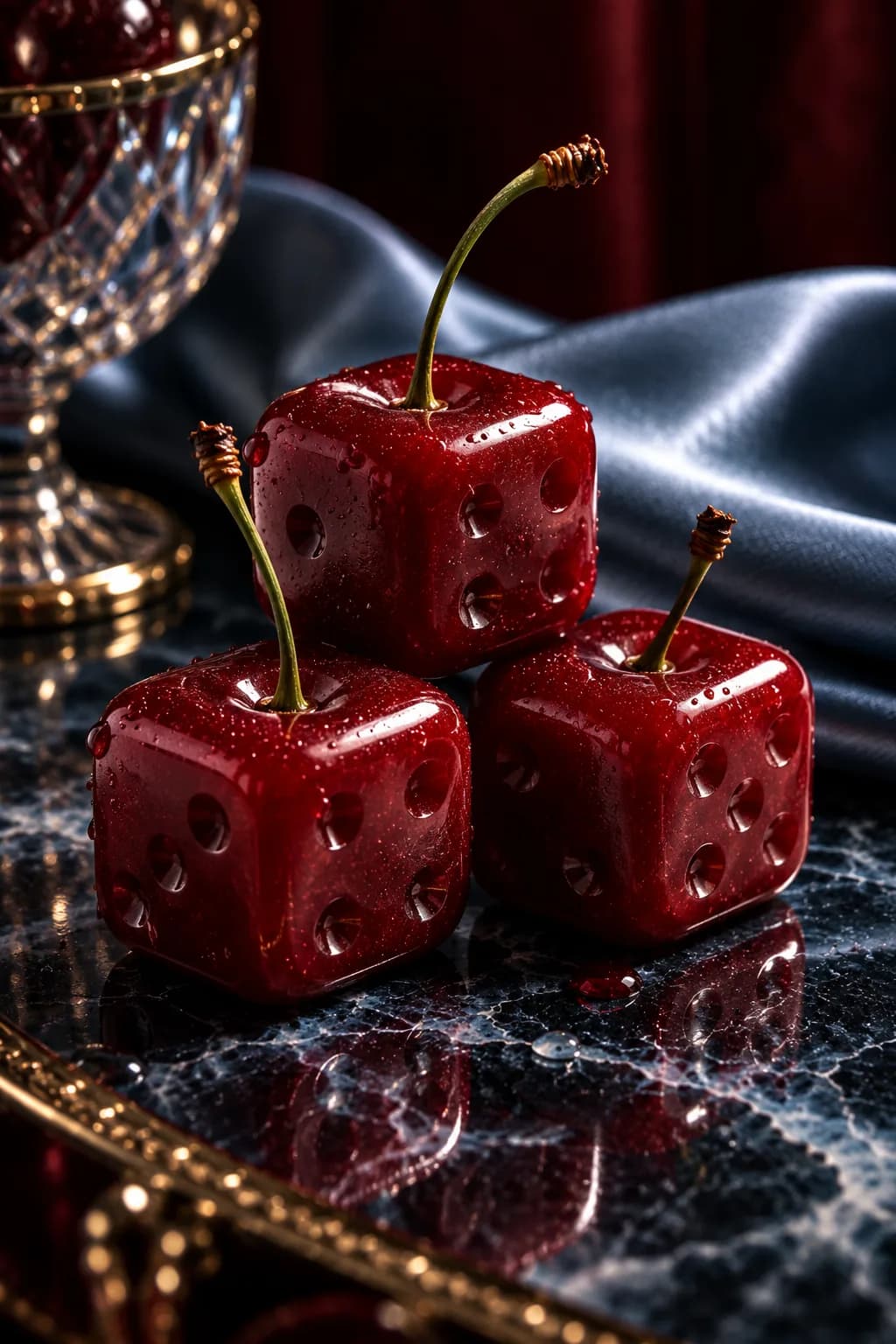Boca vermelha e uma cereja brilhante seguradas entre os dedos, still de still-life vermelho.