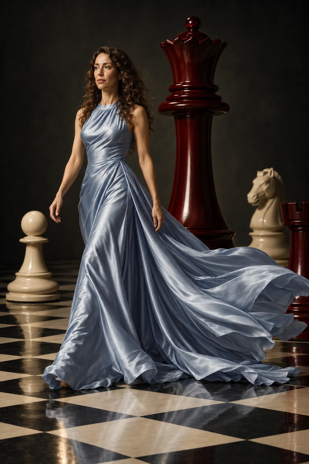Uma mulher de vestido azul-gelo entre peças de xadrez gigantes, uma rainha vermelha ao lado.